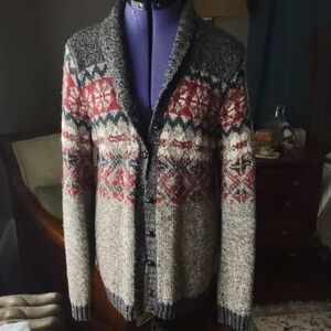 Gray and Red Patterned Sweater
